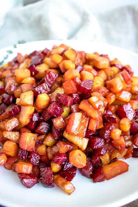 Balsamic-Honey Roasted Beets and Carrots are a healthy and nutrient-rich side dish perfect for the upcoming holidays! #HolidaySideDishes #roasted #beets #carrots #SweetBeginningsBlog #Thanksgiving Balsamic And Honey Roasted Beets, Beets And Turnips Recipe, Carrots And Beets Recipe, Roasted Beets And Carrots Balsamic, Beetroot Side Dish, Maple Roasted Beets, Sweet Potato Beets Roasted, Beet Recipes Casserole, Beet And Carrot Recipes