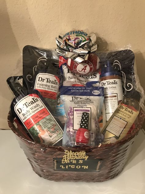 Dr Teal birthday gift basket Dr Teals Gift Basket Ideas, Gift Basket Ideas For Auction, Bday Basket, Raffle Gift Basket Ideas, Coffee Lover Gifts Basket, Auction Gift Basket Ideas, Teal Birthday, Fundraiser Baskets, Raffle Ideas