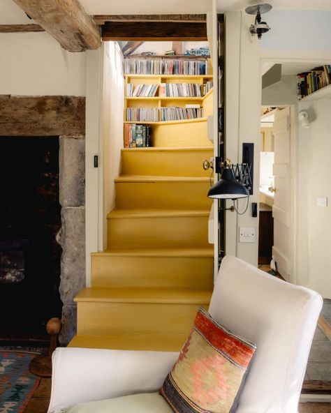 Painted Attic Stairs, Bothy Interiors, Tiny Cozy House, Painted Stairs Ideas, Tiny Interior, Yellow Stairs, Cottage Stairs, Inglenook Fireplace, Painted Stairs