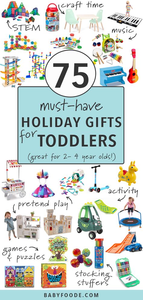 These 75 Must-Have Holiday Gifts for Toddlers are so amazing they are going to blow your toddler’s little mind! Find the best gifts and ideas for toddlers ages 2-4 in 7 different categories - STEM, crafts, music, pretend play, active, games & puzzles, and stocking stuffers. Consider your holiday shopping done! #giftguide #toddlers #christmas #holidays Christmas Presents For Toddlers, Toddler Gift Guide, Toddler Stocking Stuffers, Best Toddler Gifts, Gifts For Toddlers, Toddler Christmas Gifts, Top Christmas Gifts, Toddler Boy Gifts, Toddler Girl Gifts