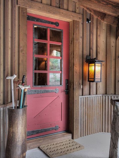 . Metal corrugated wainscot just beginning the rusting process  mix with the wood siding; dimensions of board and batten                                                                                                                                                     More Wood Siding Exterior, Wainscoting Styles, Red Front Door, Steel Siding, Door Design Photos, Cabin Doors, Rustic Exterior, Cabin Exterior, Metal Siding