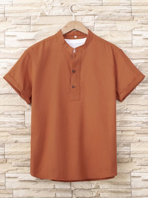 Burnt Orange Casual  Short Sleeve Cotton Plain Top  Non-Stretch Summer Men Tops Half Button Shirt, Men Shirts, Plain Tops, Men Tops, One Piece Dress, Button Shirt, Piece Dress, Sleeve Cotton, Mens Summer