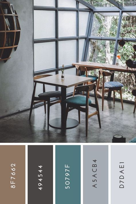 Cafe Interior Design Concept, Midcentury Color Palette, Modern Cafe Interior Design, Mid Century Modern Cafe, Cafe Interior Design Ideas, Color Palette Interior Design, Cafe Window, Midcentury Interior, Modern Coffee Shop