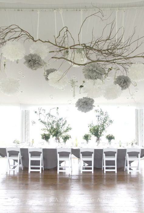 Silver Winter Wedding, Hanging Wedding Decorations, Rehearsal Dinner Decorations, Tafel Decor, Paper Pom Poms, Sophisticated Bride, Dinner Decoration, 25th Wedding Anniversary, Ceiling Hanging