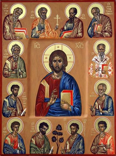 Icon - Christ and the 12 Apostles Roman Church, Greek Orthodox Church, Orthodox Christian Icons, Religious Paintings, Eastern Orthodox, Byzantine Art, Byzantine Icons, Religious Images, Orthodox Christianity