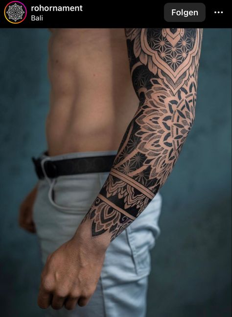 Tattoo Mandela Man, Geometric Sleeve Filler, Black And Grey Tattoo Sleeve Men Design, Men’s Geometric Sleeve, Mandala Sleeve Tattoo Design Men, Geometric Sleeve Tattoos Mens Arm, Best Leg Tattoos Men's, Geometric Mandala Tattoo Men, Geometric Tattoo Half Sleeve