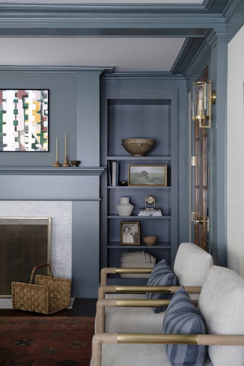 Transforming a 1918 Home from Disjointed to Dreamy · Haven Wedgewood Blue Living Room, Navy Built Ins Living Room, Light Blue Fireplace, Blue Fireplace Surround, Living Room Designs Blue, Blue Built Ins, Blue Fireplace, Living Room Design Blue, Bedroom Built Ins