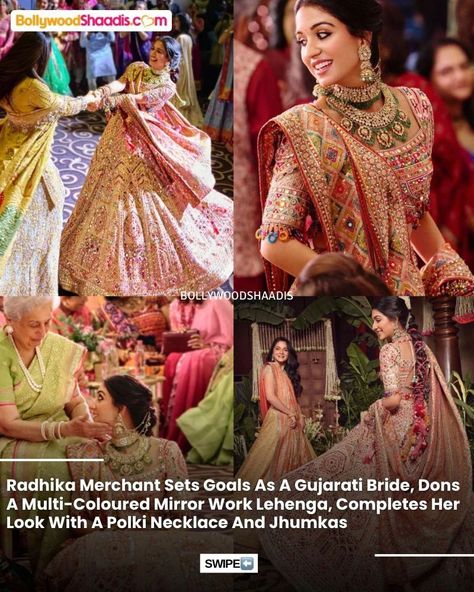 Soon-to-be bride Radhika Merchant looks gorgeous in a multi-coloured lehenga. Radhika’s lehenga featured multi-coloured thread and mirror work all over it. She complemented her look with a double-layered polki necklace in green beads and matching jhumkas. #nitaambani #mukeshambani #anantambani #radhikamerchant #shlokaambani #shlokamehta #shlokamehtaambani #akashambani #ishaambani #anandpiramal #ishaambanipiramal #virenmerchant #anjalimerchant #AnantRadhikaWedding #mehendi #mehndiceremony #an... Radhika Merchant Haldi Look, Radhika Merchant Wedding, Radhika Merchant Lehenga, Radhika Merchant And Anant Ambani, Anant Ambani And Radhika Merchant Pre Wedding, Nita Ambani, Mirror Work Lehenga, Mehndi Ceremony, Colored Mirror