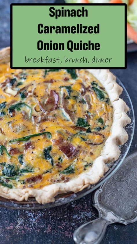 Spinach and Caramelized Onion Quiche Quiche Recipes Caramelized Onion, Spinach And Onion Quiche, Caramelized Onion Quiche, Custard Baked, Quiche Breakfast, Easy Weekend Breakfast, Galentines Brunch, Onion Quiche, Potluck Ideas