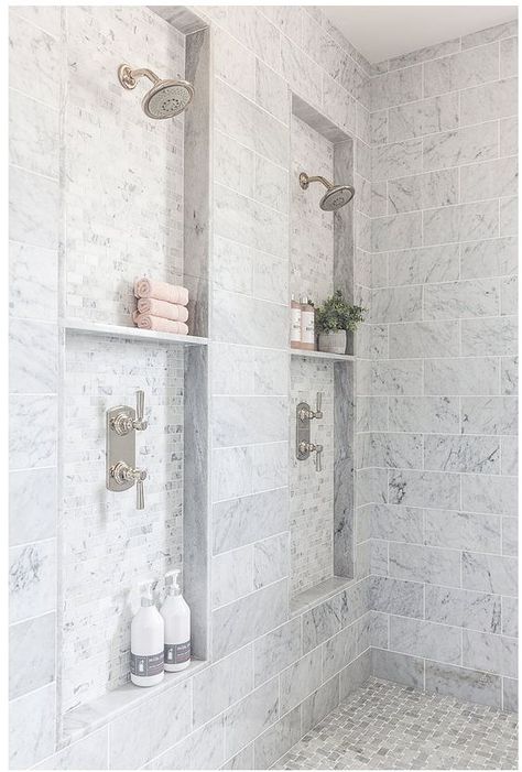 The materials are beautiful but I really love the shelves. Guess Bathroom, Double Shower Heads, Recessed Shelves, Dream Shower, Double Shower, Master Shower, Shower Niche, Master Bath Remodel, Home Luxury