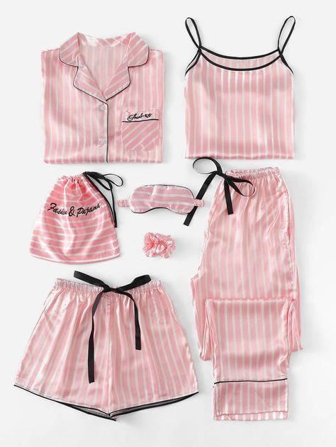 7Pcs Letter Embroidered Striped PJ Set With Shirt -SheIn(Sheinside) Star Wars Outfit, Pijamas Women, Mode Glamour, Satin Pj Set, Cute Sleepwear, Pajama Outfits, Cute Pajama Sets, Pastel Outfit, Cute Pajamas