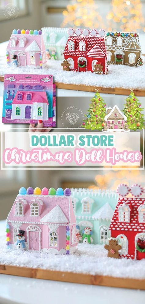 Use a doll house from the dollar store to create a beautiful Christmas house! Decorate it with paint, ornaments, and glowing fairy lights. Put fairy lights behind the houses so they glow at night. Just look at how cute this little town is! Each doll house can be decorated uniquely, so be creative! Make this fun holiday craft for a fun activity! Diy Christmas Tree Shelf For Village, Diy Christmas Dollar Store, Dollar Tree Wood Gingerbread House, Village Christmas Decor, Dollar Tree Doll House Gingerbread, Doll House Christmas Decorations, Christmas Village Ideas Display, Diy Painted Christmas Village Houses, Dollar Store Christmas Crafts For Kids