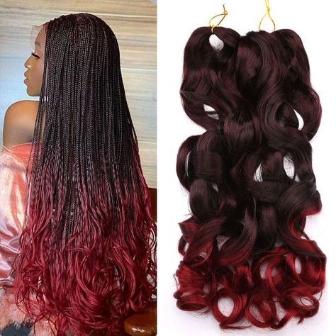 Red Braids French Curls, Red French Curl Box Braids, Spiraled Ends Braids, Red French Braids Black Women, Ombre Hair Color Braids, Black To Red Ombre Braids, Red Ombré Braids, Spiral Braids For Black Women, Red French Braids