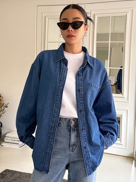 Denim Jacket Outfit Women, Demin Outfit, Kemeja Jeans, Outfits Con Camisa, Patched Denim, Denim Shacket, Camisa Jeans, Daily Outfit Inspiration, Jeans Shirt