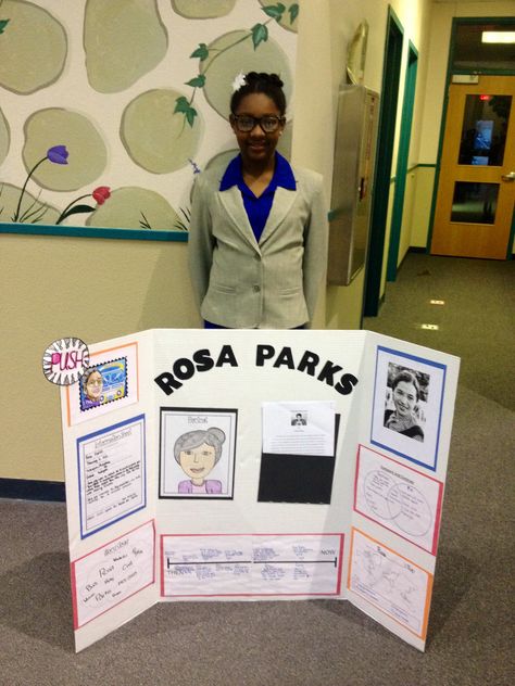 My daughter's Living Wax Museum as Rosa Parks Rosa Parks Wax Museum Project, Living Wax Museum Project Ideas, Rosa Parks Poster Board Project, Living Wax Museum Project Kids, Rosa Parks Project For Kids, Trifold Poster Board Ideas, Living Wax Museum, Wax Museum School Project, Wax Museum Ideas