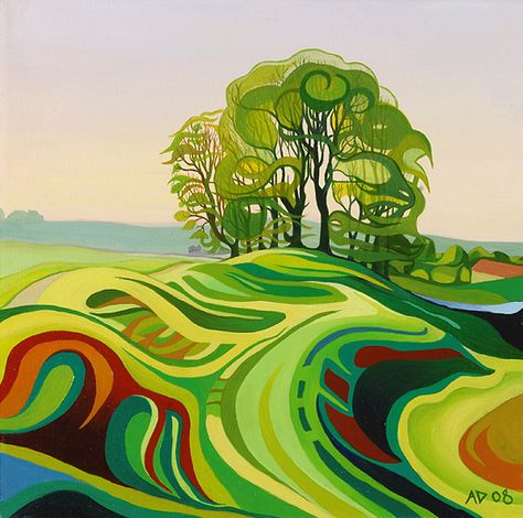 Anna Dillon  - The Guardians of Avebury                                                                                                                                                                                 More The Guardians, Naive Art, Landscape Artist, Paintings & Prints, Tree Art, Art Techniques, Abstract Landscape, Painting Inspiration, Landscape Art