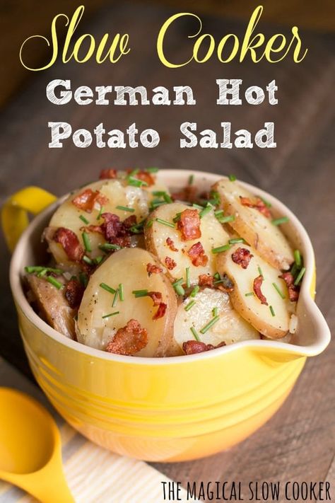 Make this Hot German Potato Salad in the slow cooker. Tender potatoes and bacon with a tangy vinegar dressing. #germanpotatosalad #crockpot German Potato Recipes, Hot Potato Salad, Hot German Potato Salad, German Potato Salad Recipe, German Food Authentic, Warm Potato Salads, Potato Salad With Egg, Hot Potato, Salads For A Crowd