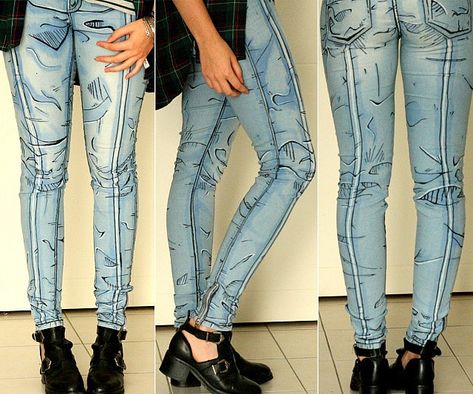 Cel Shaded Jeans Cel Shading, Cosplay Tutorial, Cosplay Diy, Painted Denim, Painted Clothes, Jeans Diy, Borderlands, Comic Styles, Hippie Chic