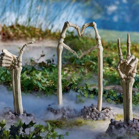 Skeleton Ground Breaking Hands, LOVE HAND SET Grandin Road Halloween, Unique Halloween Decorations, Halloween Date, Celestial Crystal, Creepy Halloween Decorations, Skeleton Decorations, Spooky Halloween Decorations, Fun Halloween Decor, Ground Breaking