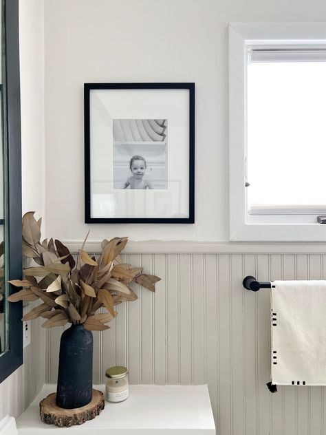 Easy Bathroom Refresh with a Cost Breakdown - Chronicle in the Pines Towel Closet In Bathroom, Simple Bathroom Inspiration, Diy Bathroom Refresh, Wayne’s Coating Bathroom Ideas, Half Bath Refresh, Small Bathroom Beadboard Ideas, B Board Walls Bathroom, Guest Bathroom Refresh, Bathroom With Paneled Walls