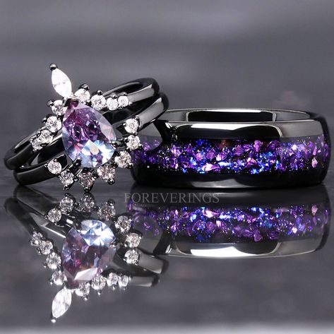 Black Ring With Purple Stone, Purple And Blue Wedding Rings, Three Piece Ring Set, Alexandrite Celtic Ring, Black And Purple Wedding Ring, Moon Wedding Ring Set, His Hers Wedding Rings, Matching Purple Wedding Rings, Black Gold Alexandrite Ring