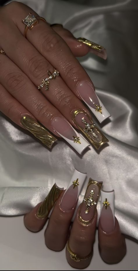 White Nail With Gold French Tip, Gold Cross Nails, Insta Baddie Nails Acrylic, Gold And White Nails, Baddie Bling Nails, White Gold Nails, Famous Nails, Cross Nail Designs, Long French Tip Nails