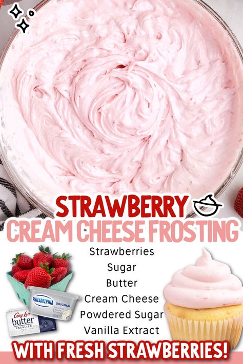 This strawberry cream cheese frosting is creamy and tangy, with a subtle sweetness from the strawberries. It’s perfect for cakes, cupcakes, or any other dessert that you want to dress up a little bit with fresh strawberry flavor. Strawberry Cream Cheese Icing, Strawberry Cream Cheese Filling, Homemade Strawberry Cake, Cream Cheese Frosting Easy, Strawberry Cake Filling, Strawberry Cream Cheese Frosting, Creamy Frosting, Strawberry Frosting, Strawberry Cake Recipes