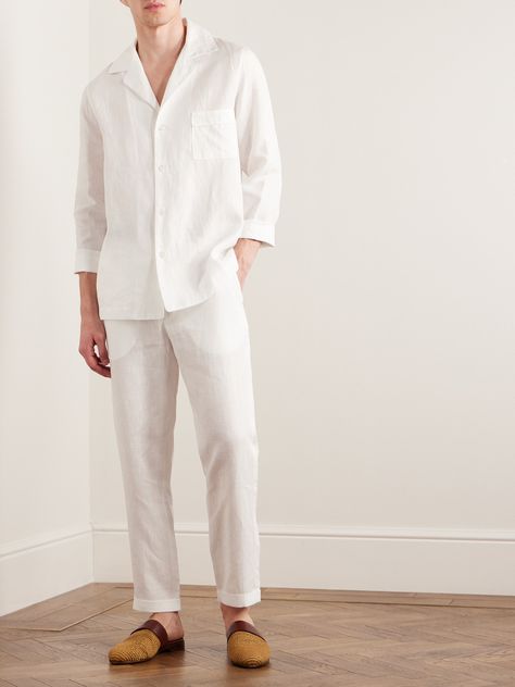 You can thank the diligent Italian artisans behind Loretta Caponi's collections for the meticulous finish of these trousers. They're expertly tailored from airy linen that's well-suited to balmy weather and cut for a relaxed, straight fit. The crisp white fabric is perfect for holidays and summer events. White Fancy Outfit Men, All White Party Men Outfit, White Shirts For Men Designer, Linen Formal Men, All White Linen Outfit Men, Cream Color Pants Outfit Men, White Man Outfit, Man White Outfit, Male Wedding Guest Outfit Summer