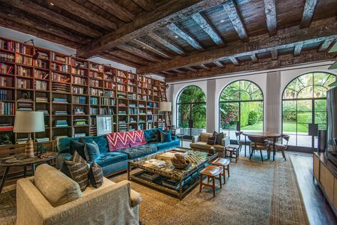 Vice Media Cofounder Shane Smith Lists Santa Monica Estate for $50 Million | Architectural Digest Mediterranean Style Home, Mediterranean Style Homes, Home Libraries, Library Design, Rustic Living, Rustic Living Room, Private Patio, Celebrity Houses, Home Library