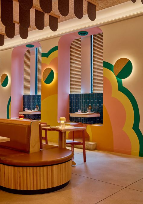 Stokes Architecture + Design Create a Pop Sensibility at Kpod Restaurant - Metropolis Bakery Design Interior, Interior Murals, Restaurant Concept, Memphis Design, American Restaurant, Overhead Lighting, Tap Room, Restaurant Interior, The One And Only