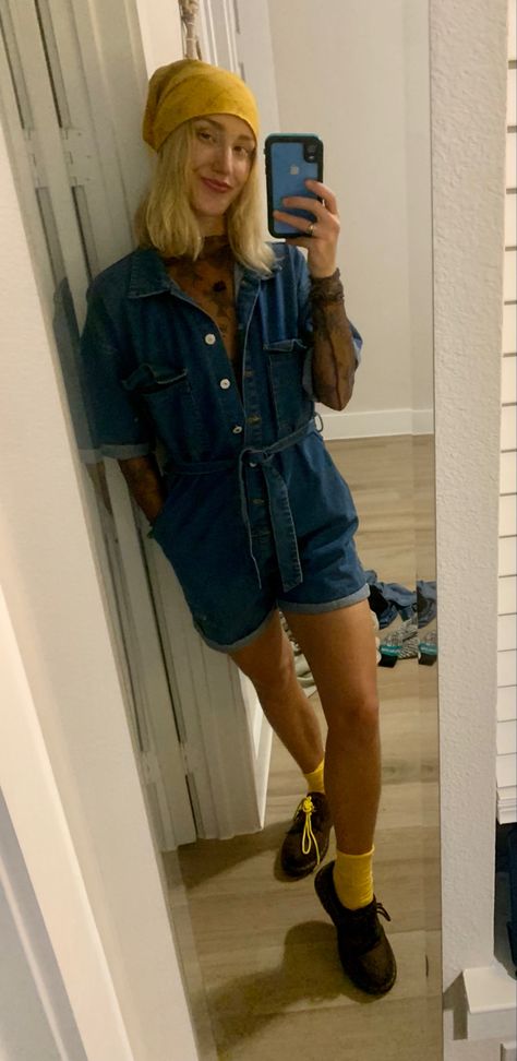 Yellow doc marten laces socks bandana denim romper lace layers outfit inspo - #cool #denim #lace #bandana Marten Outfit, Lace Bandana, Layers Outfit, Cool Denim, Doc Marten, Lace Layers, Lace Socks, Denim Romper, Doc Martens