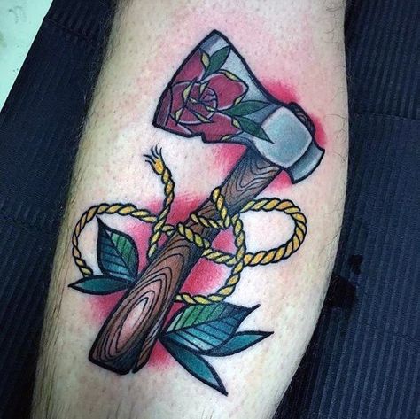 This tattoo would have made brilliant cover art for Paulsen's Hatchet, don't you think? writersrelief.com #MotivationMonday #MondayMotivation American Traditional Hatchet Tattoo, Hatchet Tattoo Traditional, Traditional Hatchet Tattoo, Hatchet Tattoo Design, Ax Tattoo, Hatchet Tattoo, Leprechaun Tattoos, Small Wolf Tattoo, Wreath Tattoo