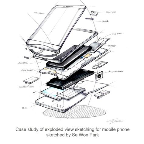 Won Kim on Instagram: “Case study of exploded view drawing for mobile phone design #art #artdrawing #sketch #sketching #design #designsketch #productdesign…” Phone Infographic Design, Product Exploded View, Phone Sketch Drawing, Exploded View Product, Exploded View Sketch, Exploded Drawing, Sza Album Cover, Phone Sketch, Explosion Drawing