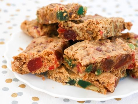 Fruitcake Cookie Bars | recipe by Rachel Rappaport Fruitcake Bars, Fruit Cake Cookie Bars, Fruit Cake Bars Recipe, Fruitcake Bars Recipe, Fruitcake Cookie Bars, Christmas Fruitcake Cookies Recipes, Dark Fruitcake Recipes Christmas, Fruit Cake Cookies Recipe, Cake Bars Recipe