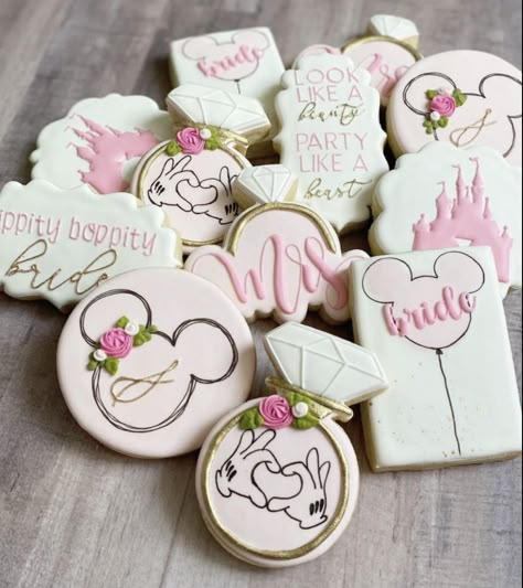 Engagement Party Brunch, Mickey Mouse Wedding, Disney Bachelorette Parties, Bachelorette Cookies, Engagement Cookies, Bridal Cookies, Disney Bachelorette, Disney Engagement, Disney Desserts