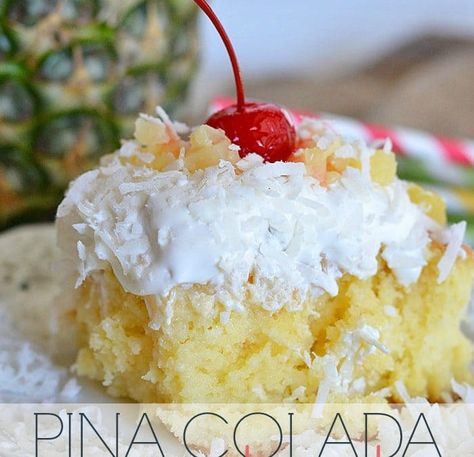 Pina Colada Poke Cake Pina Colada Poke Cake, Millionaire Pie, Pina Colada Cake, Poke Cake Recipe, Cake Light, Coconut Dessert, Kolaci I Torte, Poke Cake Recipes, Brownie Desserts