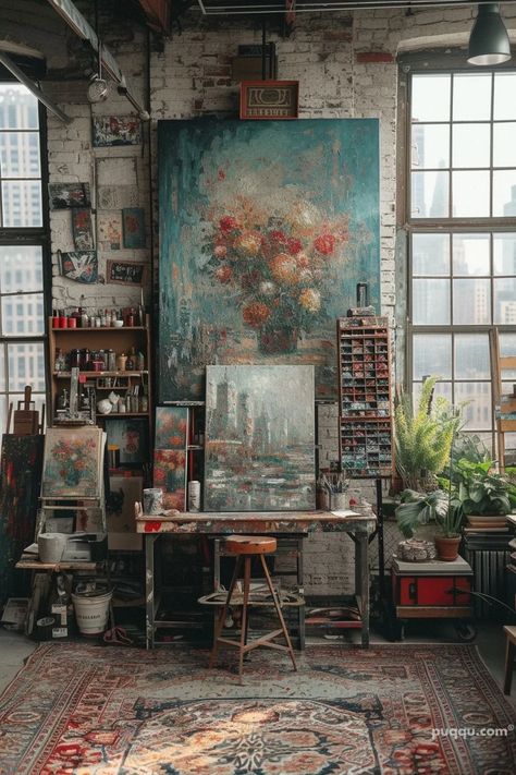 Artist Room Interior, Home Art Studio Ideas, Art Studio Ideas, Art Gallery Aesthetic, Artist Desk, Home Art Studio, Modern Bungalow Exterior, Art Studio Space, Art Supplies Storage