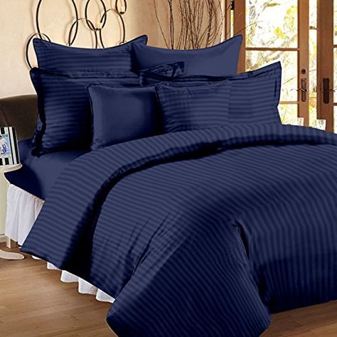 Ahmedabad Cotton 250 TC Sateen Bedsheet with 2 Pillow Covers - Striped, King Size, Blue Ahmedabad Cotton Blue Bedsheet, Blue Bed Sheets, Designer Bed Sheets, King Size Bed Sheets, Double Bed Sheets, Fitted Bed, Buy Bed, Fitted Bed Sheets, Midnight Sky