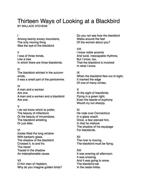 Poem: "Thirteen Ways of Looking at a Blackbird" - by Wallace Stevens. Wallace Stevens, Poetry Month, Poem A Day, Blackbird, Crows, Love Words, Black Bird, Beautiful Quotes, Poets