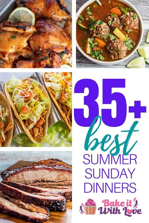 Summer Sunday dinners collage pin featuring 4 tasty summer dinner recipes with text headline. Summer Sunday Dinner Ideas, Marinated Pork Chops Grilled, Dinner Ideas Main Dishes, Sunday Dinner Ideas, The Best Dinner Recipes, Dinner Recipes Ideas, Sunday Dinner Recipes, Budget Family Meals, Sunday Dinners