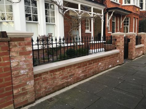 Brick Wall With Railings, Front Garden Wall With Railings, Brick Wall Front Garden, Brick Wall Capping Ideas, Brick Wall Front Of House, Brick And Iron Fence Ideas, Red Stone House, Victorian Front Garden, Front Garden Ideas Driveway