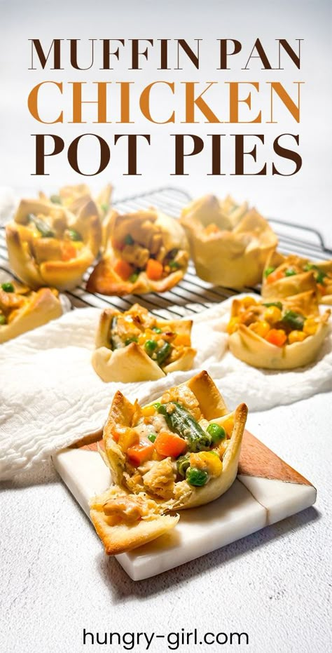 Muffin Pan Mini Chicken Pot Pies Recipe | Hungry Girl Muffin Pan Chicken Pot Pie Recipe, Pan Chicken Pot Pie, Mini Chicken Pot Pie Recipe, Light Dips, Low Calorie Meal Ideas, Mini Pot Pies, Chicken Pie Recipe, Mini Chicken Pot Pies, Hungry Girl Recipes