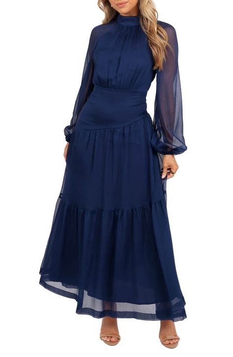 The 40 Best Wedding Guest Dresses to Turn Heads This Winter Maxi Dress Designs, Best Wedding Guest Dresses, Sheer Long Sleeve, Maxi Dress Navy, Chiffon Maxi, Sleeve Maxi Dress, Chiffon Maxi Dress, Invisible Zip, Tiered Maxi Dress