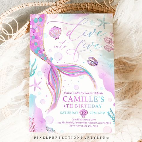 Editable Mermaid Dive Into Five 5th Birthday Invitation Purple - Etsy Under The Sea Invites, Oneder The Sea, Mermaid Birthday Invitations, Little Mermaid Birthday, Under The Sea Party, Diy Template, Mermaid Birthday, Mermaid Party, 5th Birthday