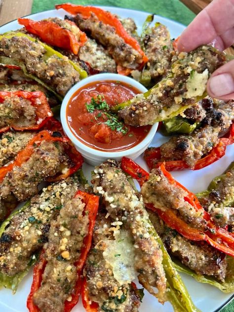 Stuffed Long Hots (Sausage & Cheese Stuffed Italian Hot Peppers) Stuffed Long Hot Peppers, Stuffed Long Hots, Italian Hot Peppers, Marinara Dipping Sauce, Long Hot Peppers, Hot Pepper Recipes, Tomato Basil Sauce, Hot Sausage, Stuffed Mini Peppers