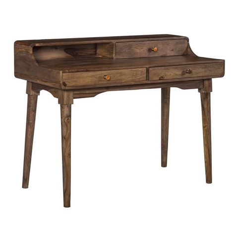 Rustic brownstone split level writing desk. #rusticretreatrat, #desks Wood Desk Top, Desk Styling, Write Letters, Wood Writing Desk, Sales Desk, Mid Century Desk, Desk Hutch, The Den, Sheesham Wood