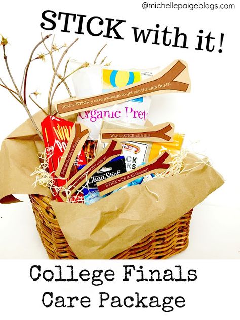 Stick with it!  College finals care package ideas @michellepaigeblogs.com Finals Care Package Ideas, College Finals Care Package, Finals Care Package, College Care Package Ideas, College Gift Baskets, Pocky Sticks, College Finals, Care Package Ideas, Cookie Sticks