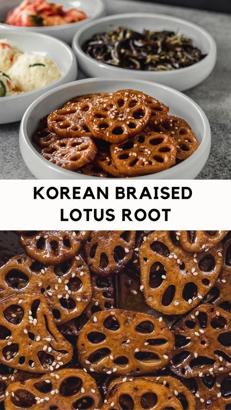 korean braised lotus root in bowl Lotus Root Recipes, Lotus Recipes, Lotus Root Recipe, Lotus Recipe, Vegan Japanese Food, Vegan Japanese, Korean Side Dishes, Fusion Dishes, Cheap Easy Meals