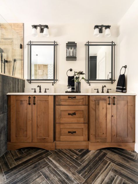 Eagle Primary Suite - Love Your Room Dark Wood Bathroom, Timeless Bathroom, Wood Bathroom Vanity, Brown Cabinets, Farmhouse Master, Double Vanity Bathroom, En Suite Bathroom, Black Bathroom, Farmhouse Bathroom