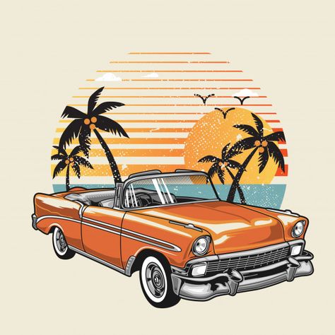 Classic car on the summer beach | Premium Vector #Freepik #vector Retro Car Illustration, Vintage Car Garage, Cars Illustration, Garage Logo, Car Workshop, Beach Vintage, Car Vector, Car Designs, Retro Car